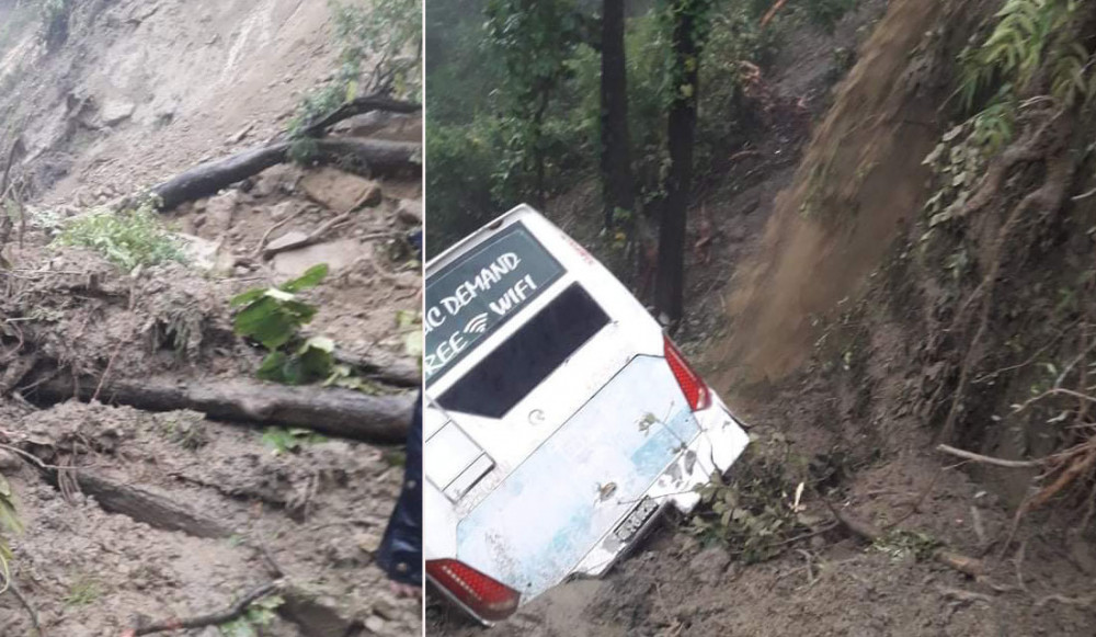 दाउन्नेमा पहिरोका कारण बस भिरमा खस्यो