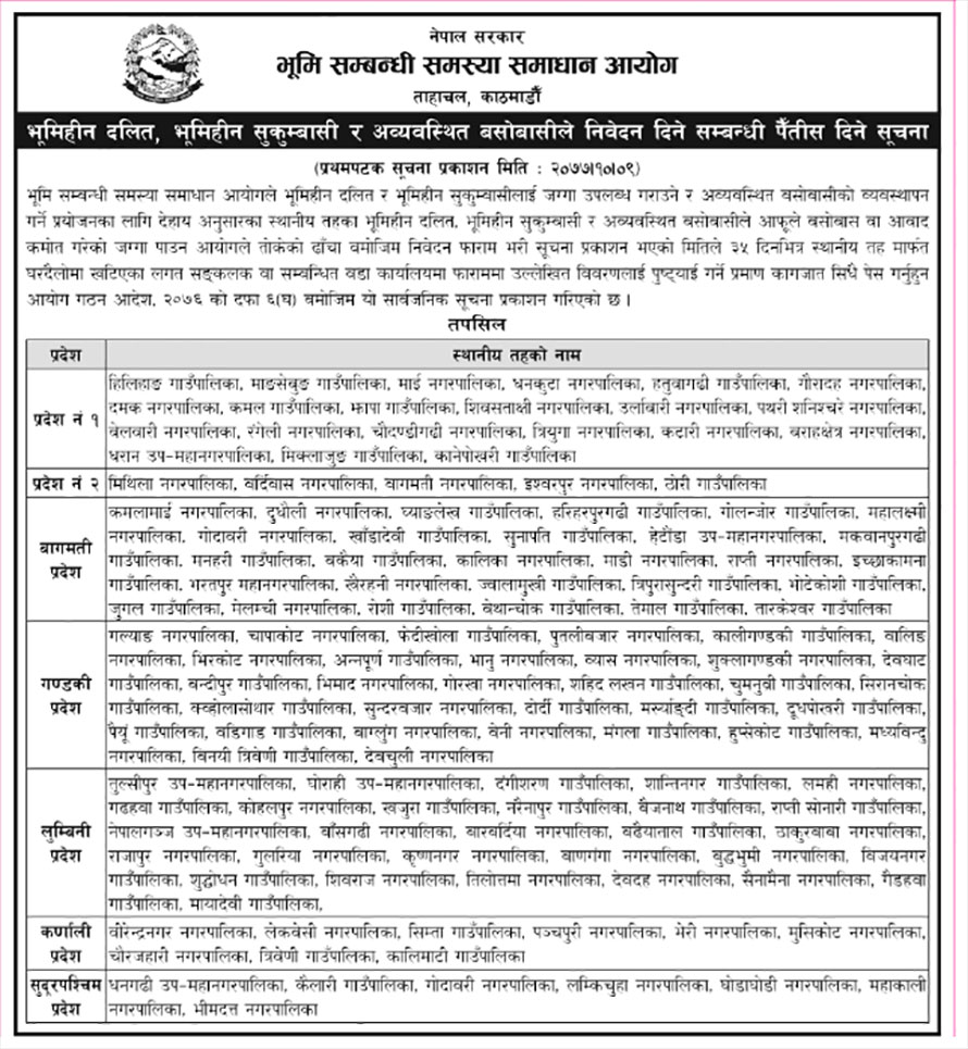 भूमिहीनलाई जग्गा प्राप्तिको निवेदन ३५ दिनभित्र बुझाउन आग्रह