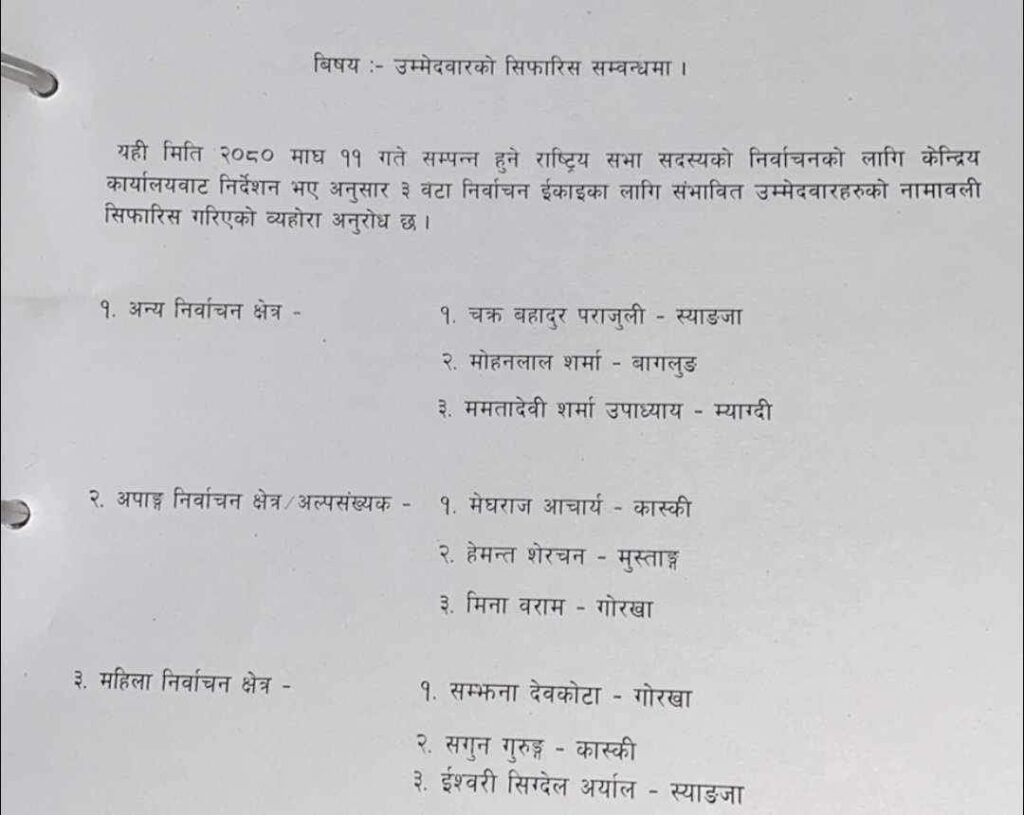 राष्ट्रियसभामा गण्डकीबाट एमालेका ९ जनाको नाम सिफारिस