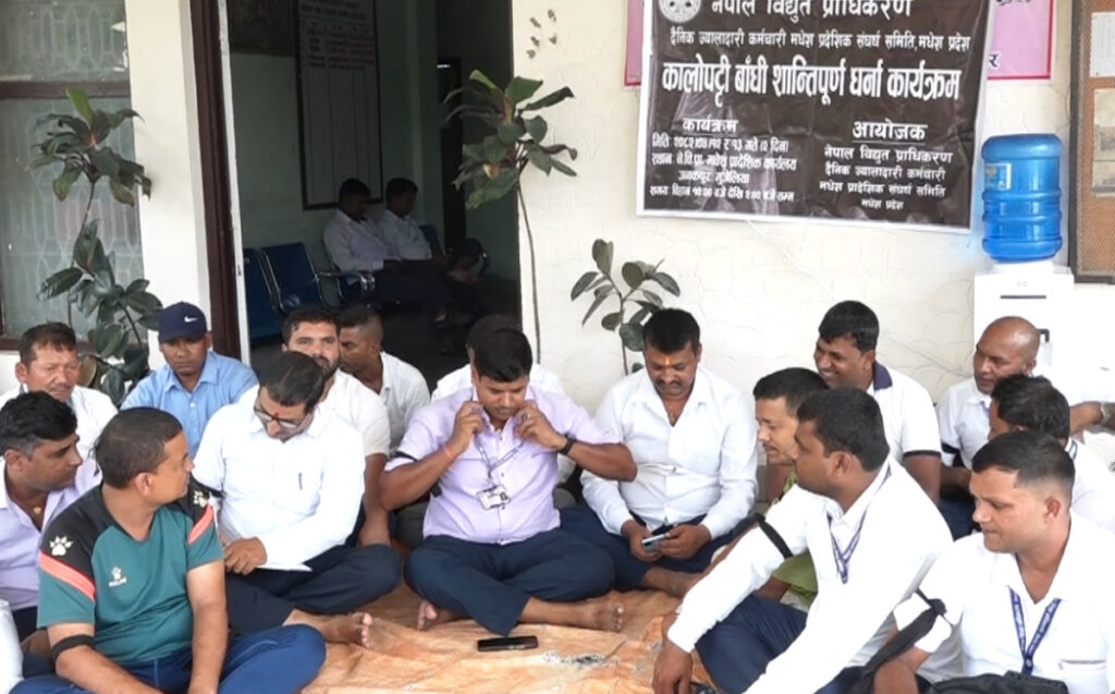 जनकपुरस्थित विद्युत प्राधिकरणको कार्यालयमा दैनिक ज्यालादारी कर्मचारीहरूको धर्ना